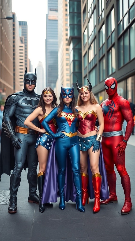A group of friends dressed as famous superheroes including Batman, Wonder Woman, Batgirl, and Spider-Man, posing together in a city setting.