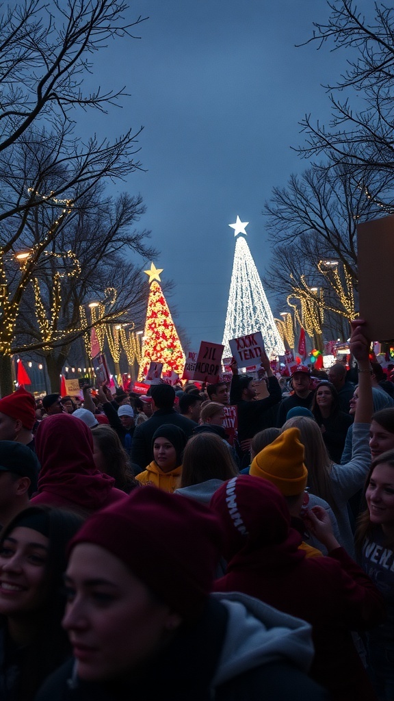 A festive crowd celebrating Christmas with decorated trees and signs