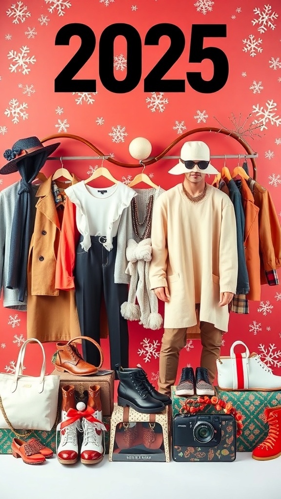 A model showcasing fashion items for Christmas 2025 against a festive backdrop.