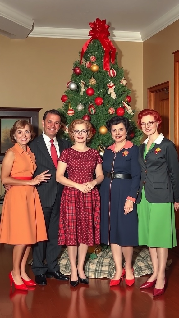A group of five people in 1950s fashion standing by a Christmas tree