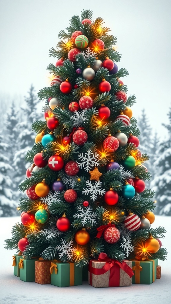 A colorful 3D Christmas tree with ornaments and lights, surrounded by wrapped gifts.