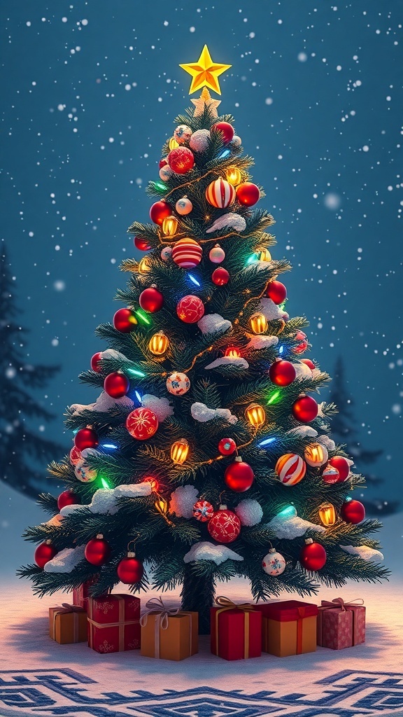 A festive 3D Christmas tree with colorful ornaments, lights, and gifts underneath.