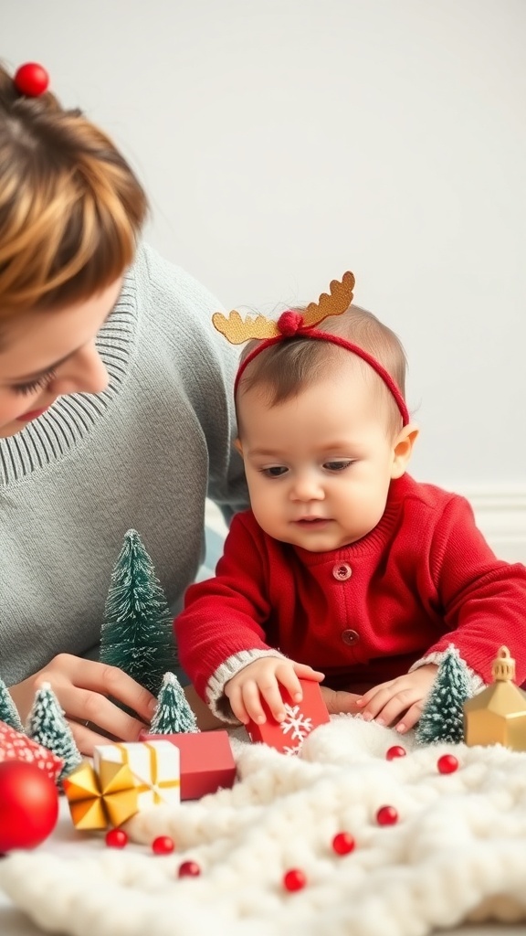 A baby in a red outfit playing with holiday decorations and gifts, with a caregiver nearby.