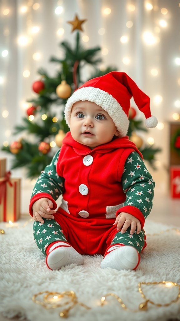 A baby in a Santa outfit with a red hat, sitting in front of a Christmas tree decorated with lights and ornaments.