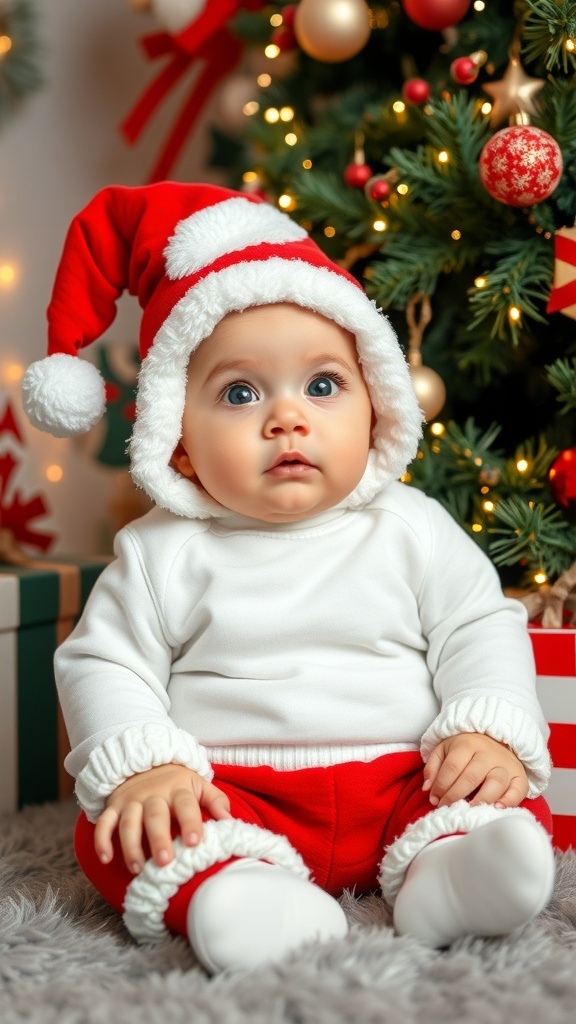 An 8-month-old baby in a Santa hat and festive outfit, sitting in front of a Christmas tree with decorations and gifts.