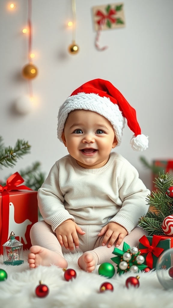 A smiling seven-month-old baby wearing a Santa hat, surrounded by holiday decorations and gifts.