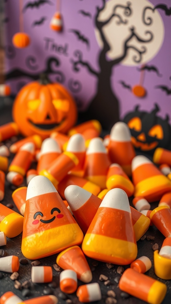 A colorful display of candy corn emojis with smiling faces, surrounded by Halloween decorations like pumpkins and bats.