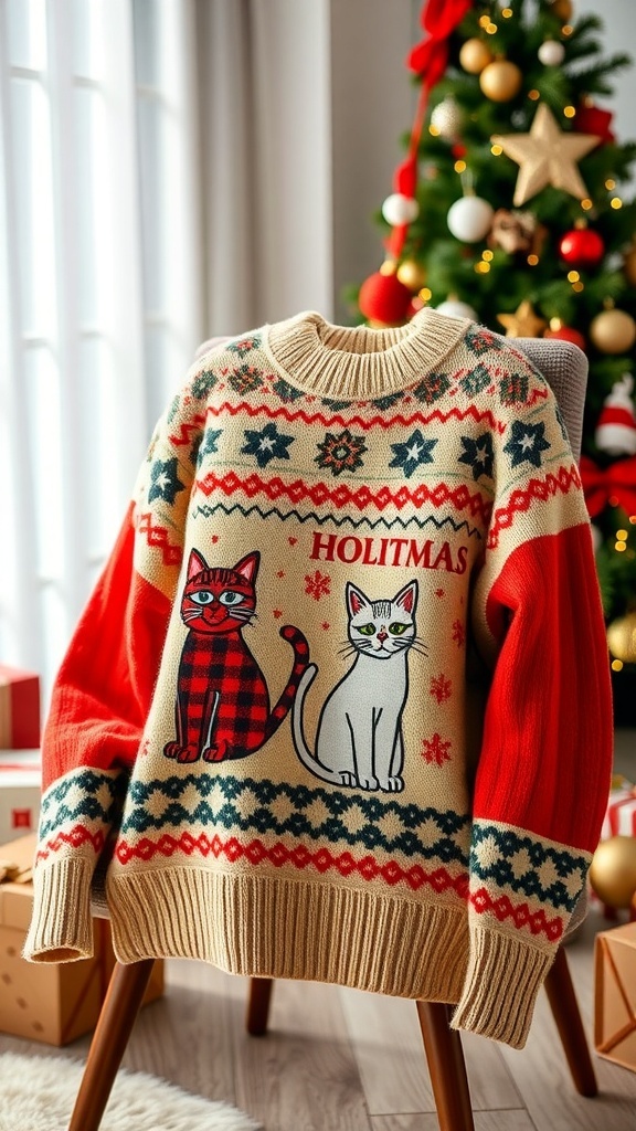 A cozy holiday sweater featuring two cats, one in red plaid and the other in white, with the word 'HOLITMAS' on it.