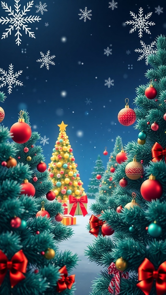 A festive winter scene with decorated Christmas trees, snowflakes, and colorful ornaments.