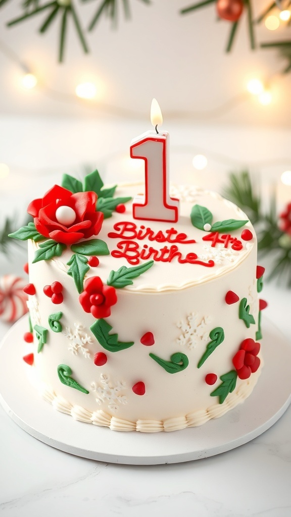 A festive Christmas-themed birthday cake with red roses, green leaves, and a number one candle on top.