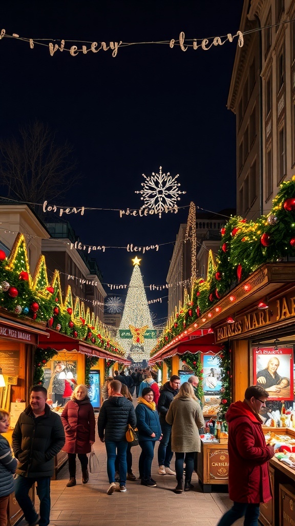 A vibrant Christmas market at night with stalls, a large decorated tree, and fireworks in the background.