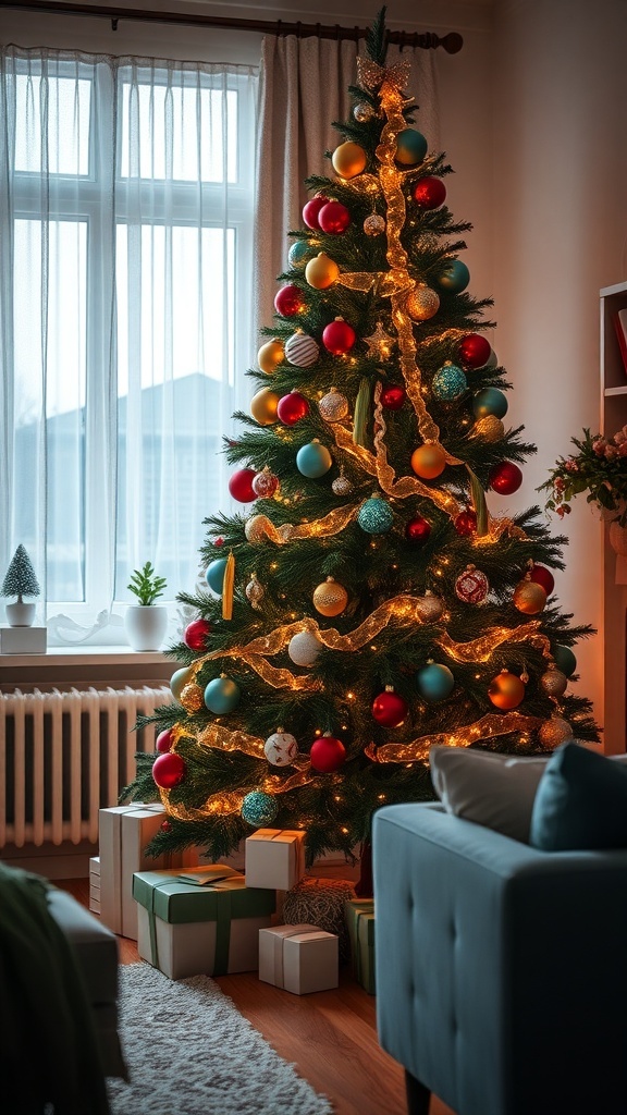 A beautifully decorated Christmas tree with colorful ornaments and lights, surrounded by wrapped gifts.