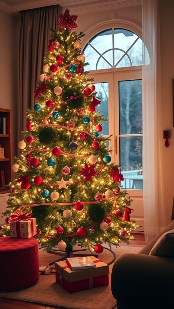A beautifully decorated Christmas tree with colorful ornaments and lights, surrounded by wrapped gifts.