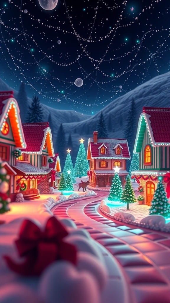 A festive Christmas village with decorated houses, snow-covered ground, and a starry night sky.