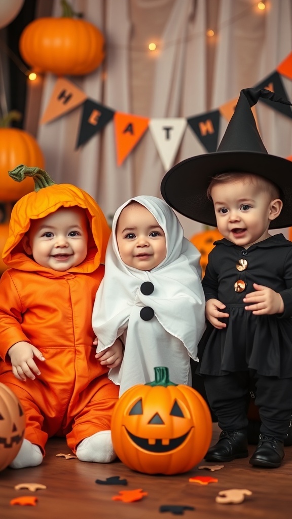 Three babies in Halloween costumes: a pumpkin, a ghost, and a witch, with pumpkins in the background.