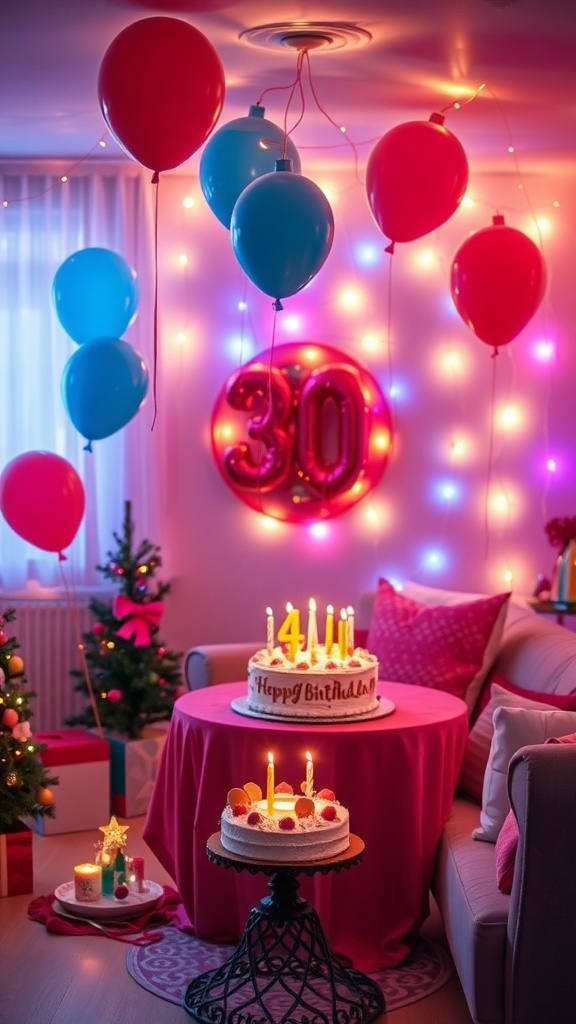 A festive 30th birthday party setup with balloons, cakes, and Christmas decorations.