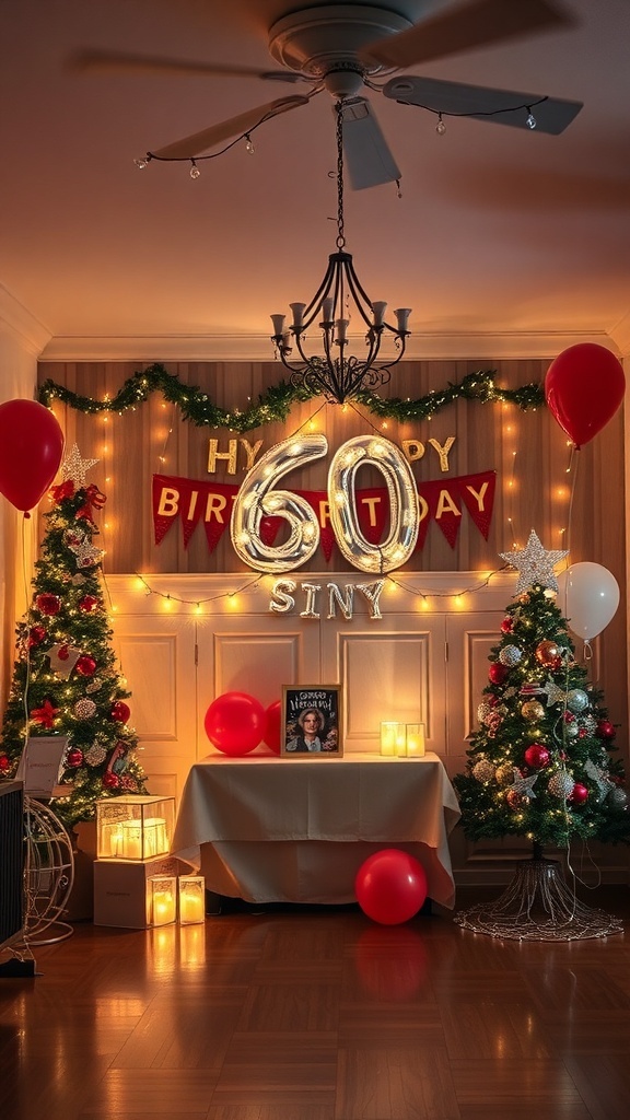 A festive 60th birthday party setup with Christmas decorations, featuring balloons, fairy lights, and decorated trees.