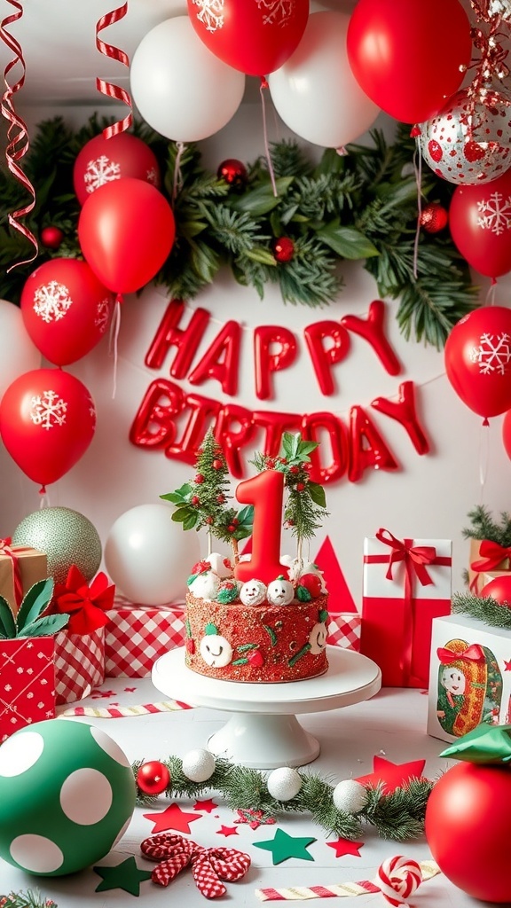 A festive birthday setup featuring a cake, balloons, and gifts for a third birthday party.