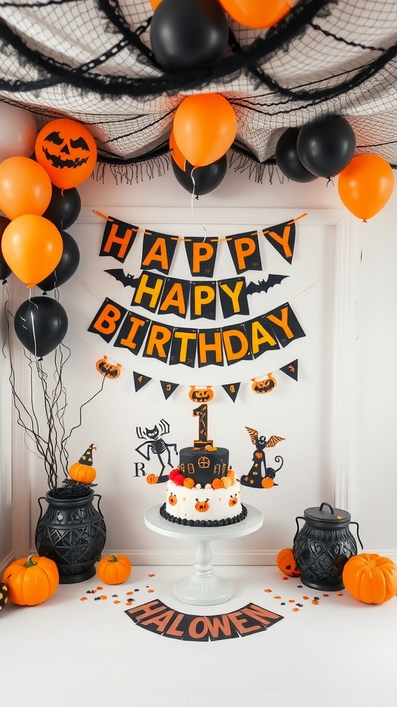 Halloween-themed decorations for a first birthday party with balloons, a cake, and pumpkins.
