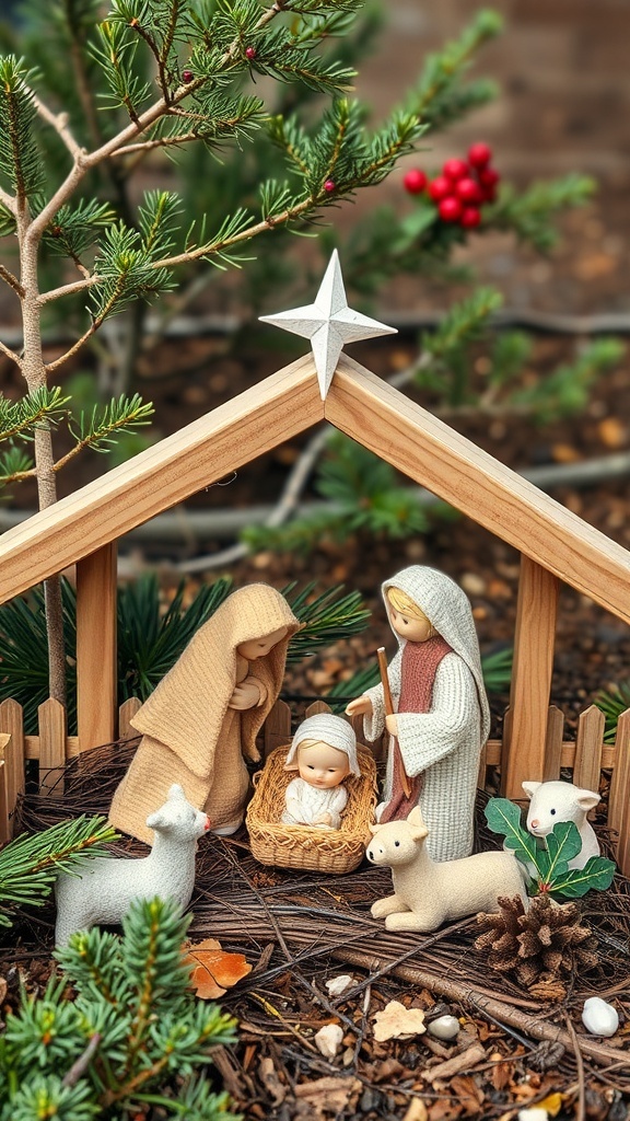 A DIY nativity scene in a garden featuring Mary, Joseph, and baby Jesus with animals and a star.