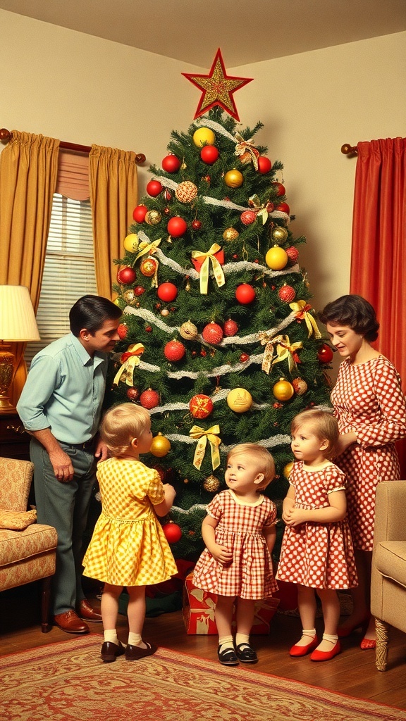 A vintage family Christmas photo from the 1960s, featuring a family gathered around a decorated Christmas tree.