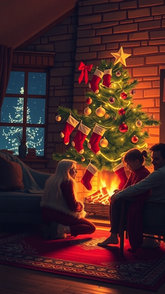 A cozy family scene on Christmas Eve with a decorated tree, stockings, and a fireplace.