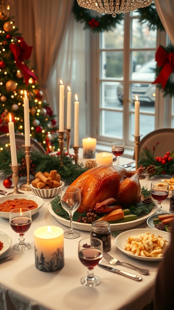 A beautifully set Christmas dinner table with a roasted turkey, sides, candles, and a decorated Christmas tree in the background.