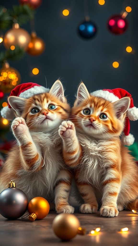 Two cute cats in Santa hats surrounded by Christmas ornaments and lights.