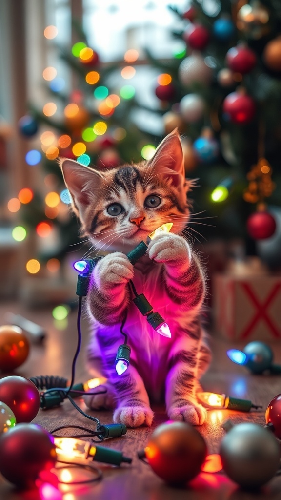 A playful kitten tangled in colorful Christmas lights with ornaments and a tree in the background.