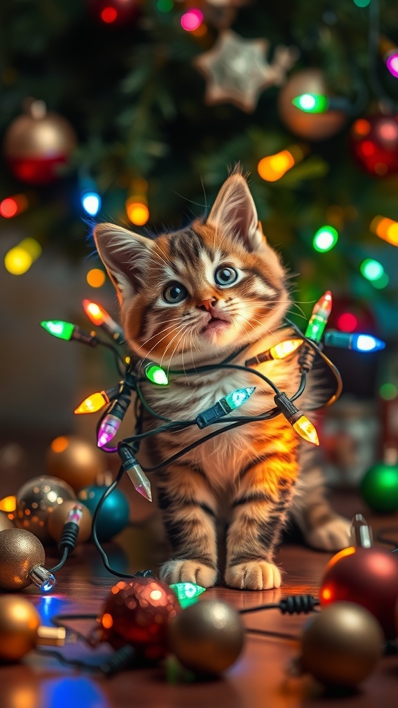 A playful kitten wrapped in colorful Christmas lights, surrounded by ornaments.