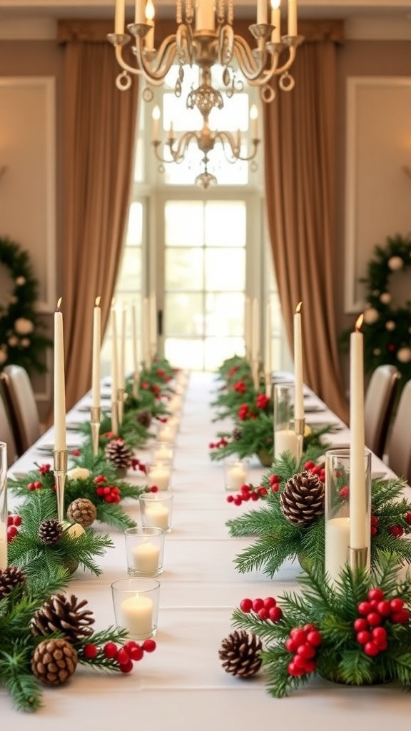 A beautifully arranged Christmas wedding table centerpiece with greenery, pinecones, red berries, and candles.