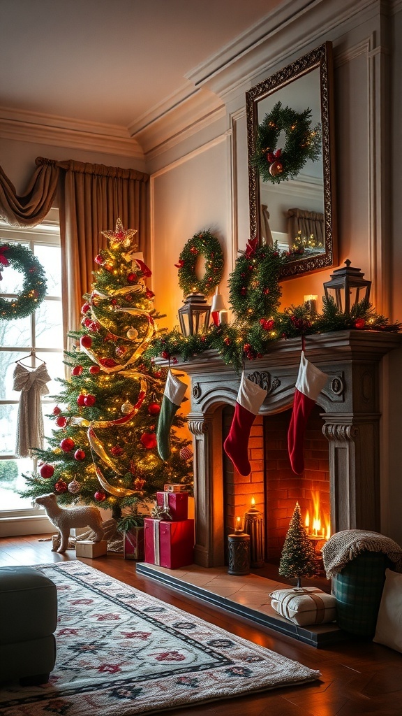 A cozy Christmas living room with a decorated tree, stockings, and a glowing fireplace.