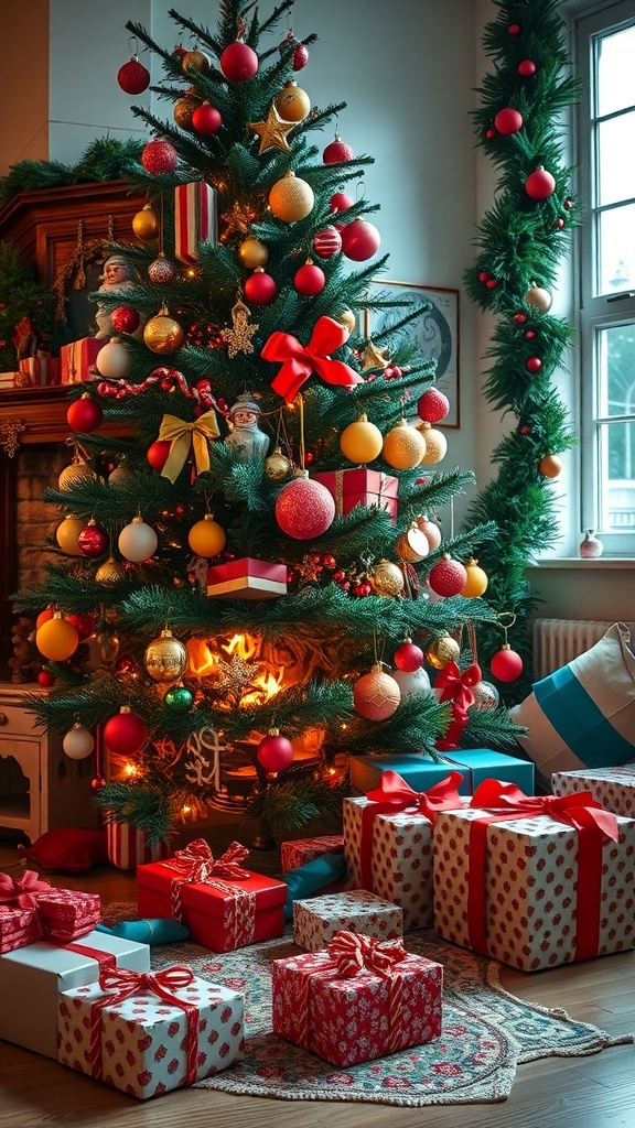 A beautifully decorated Christmas tree with colorful ornaments and wrapped gifts underneath.
