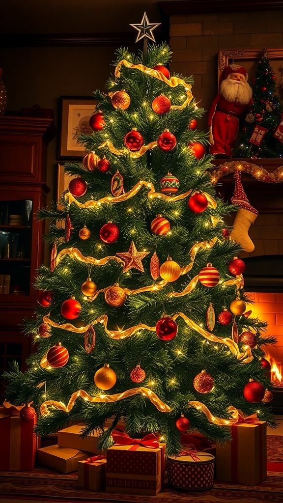 A beautifully decorated Christmas tree with red and gold ornaments, twinkling lights, and presents underneath, set in a cozy room with a fireplace.