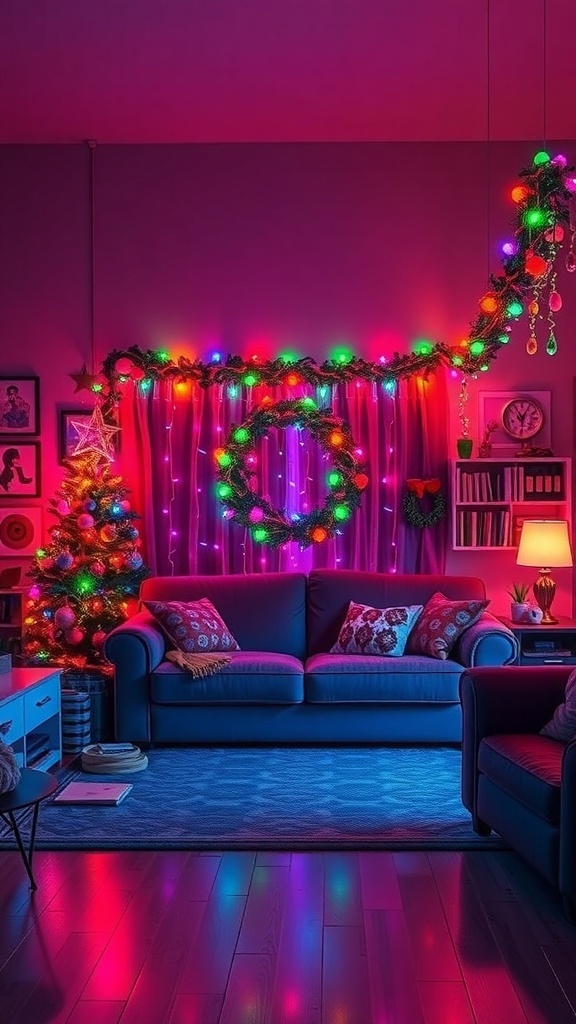 A cozy living room decorated with colorful Christmas lights and garlands, featuring a Christmas tree and a wreath.