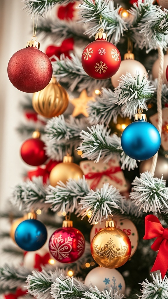 A close-up of a Christmas tree decorated with colorful ornaments, including red, blue, and gold baubles.