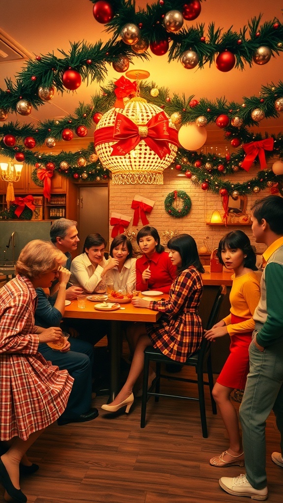 A lively 70s holiday party with people in retro clothing, festive decorations, and a warm atmosphere.