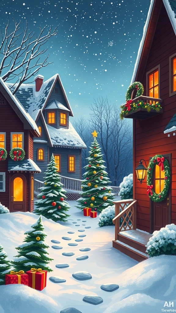 A snowy Christmas scene with decorated houses, Christmas trees, and gifts.