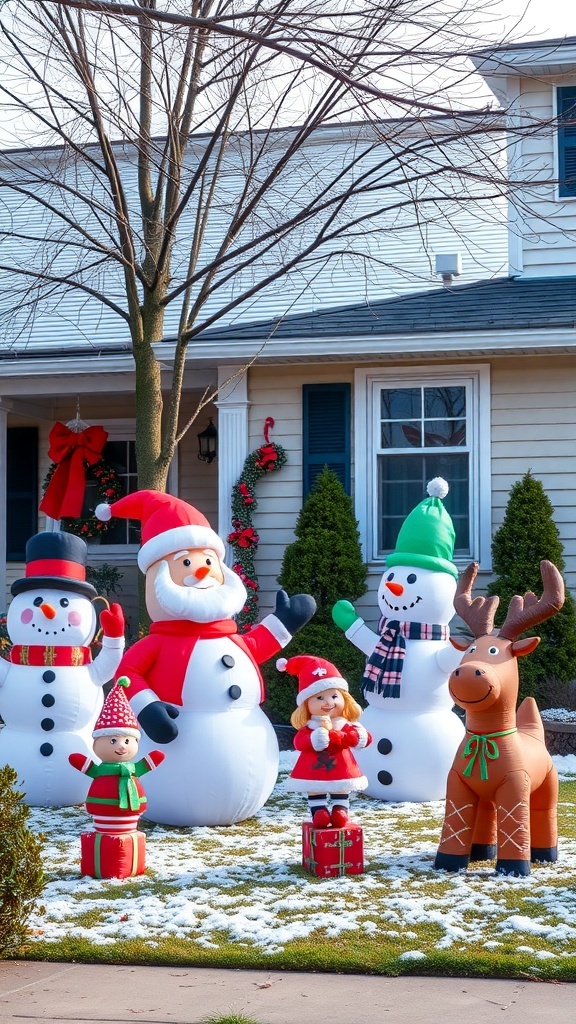 A festive yard decorated with inflatable Christmas characters including snowmen, Santa, and a reindeer.