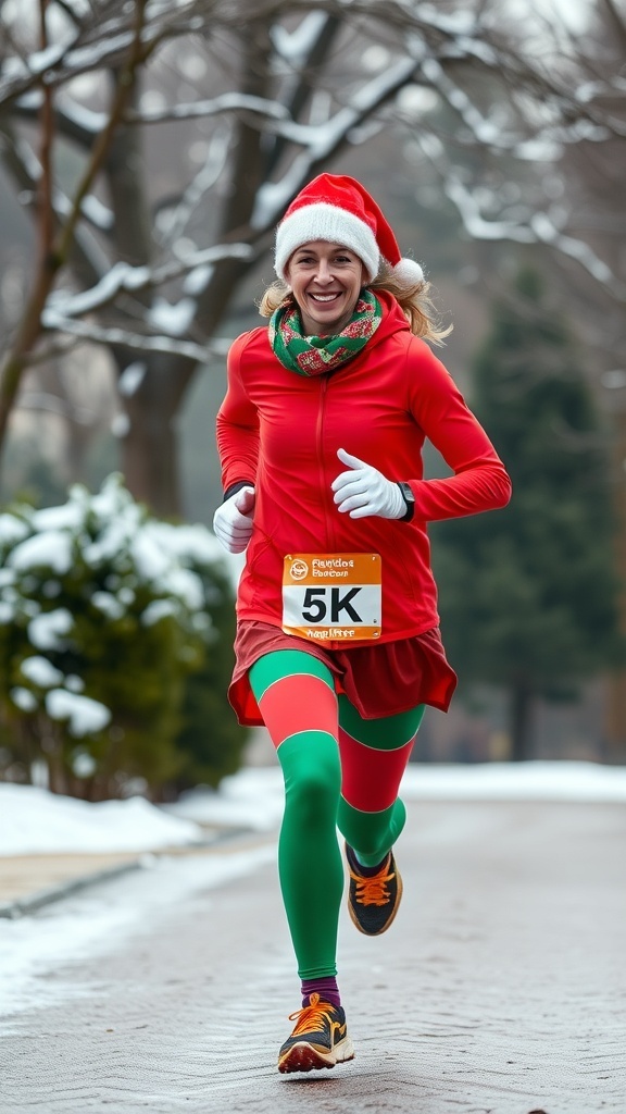 A smiling runner in a festive outfit, wearing a Santa hat, red top, and green leggings, participating in a Christmas 5K run.