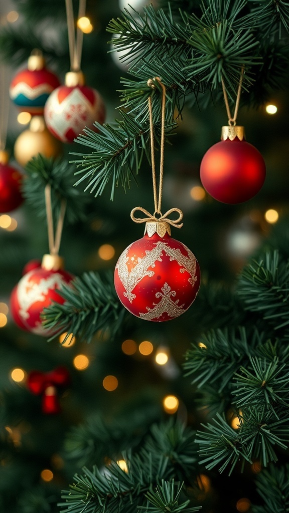 Close-up of colorful Christmas ornaments hanging on a tree