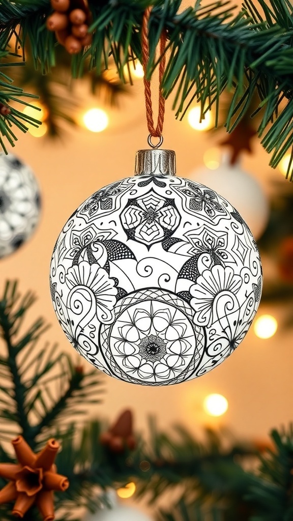 A zentangle ornament hanging on a Christmas tree, featuring intricate black and white patterns.