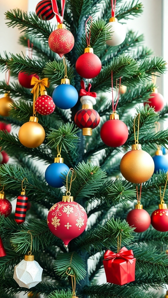 A Christmas tree decorated with colorful ornaments, including red, gold, blue, and white baubles, along with a Santa figure and gift-shaped ornaments.