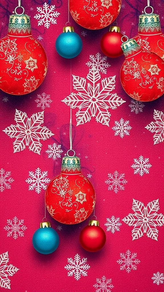 Colorful Christmas wallpaper featuring red ornaments and white snowflakes on a pink background.