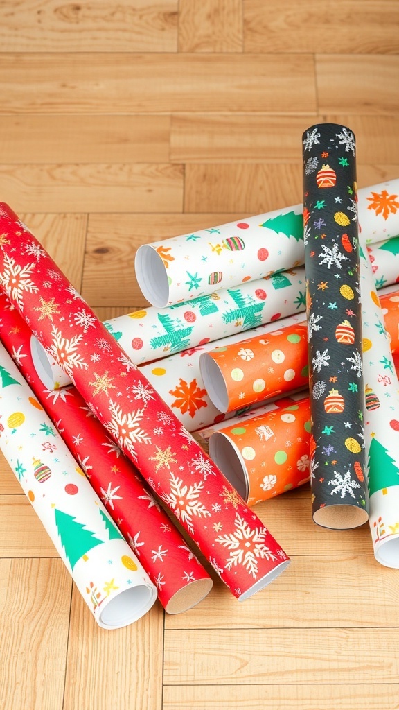 An assortment of colorful Christmas wrapping paper rolls on a wooden floor.