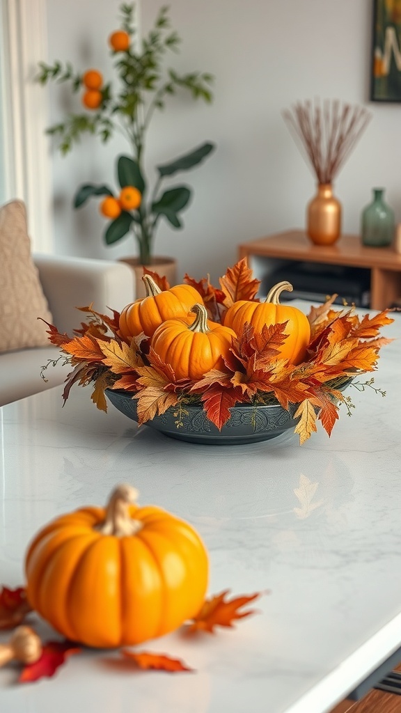 A festive pumpkin centerpiece featuring bright orange pumpkins and autumn leaves on a white table.