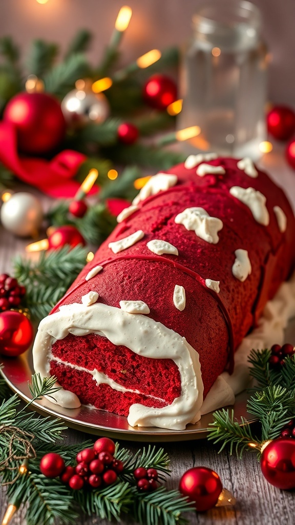 A beautifully decorated red velvet yule log cake surrounded by festive decorations.
