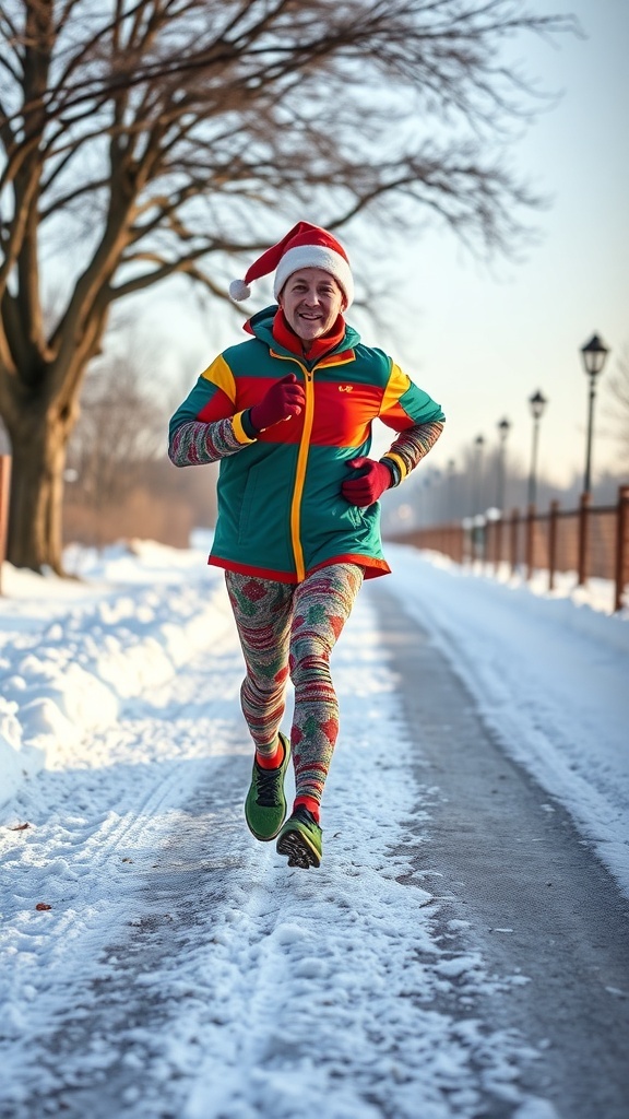 A runner in a colorful outfit and Santa hat jogging on a snowy path.