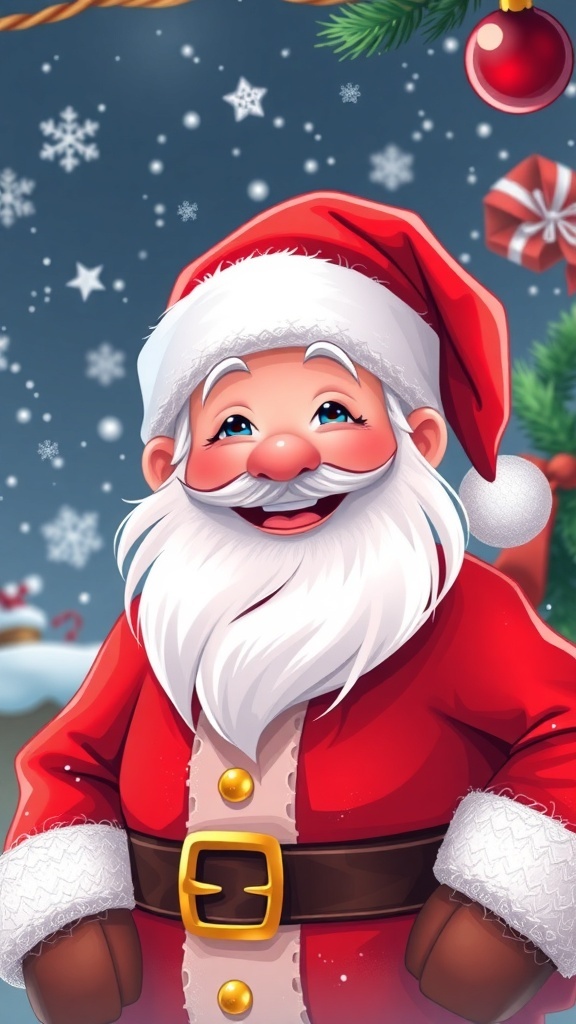 A cheerful Santa Claus with a red suit and white beard, surrounded by snowflakes and holiday decorations.