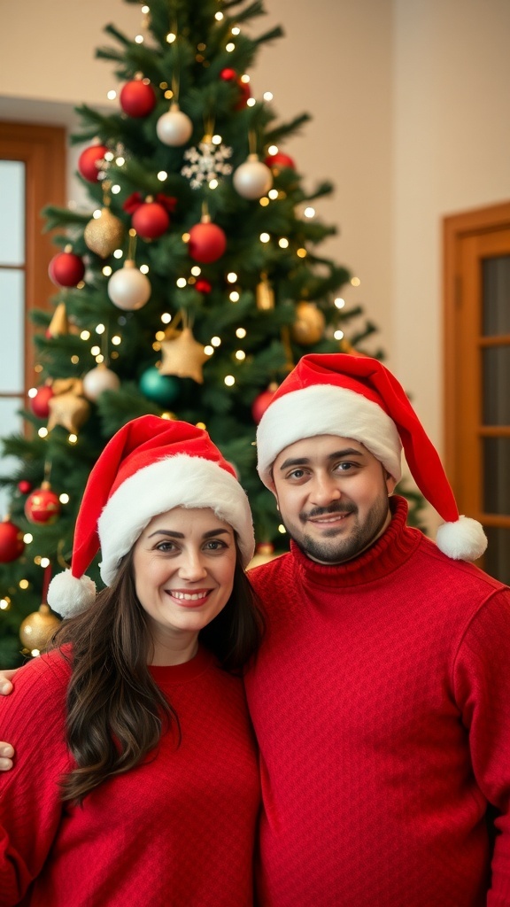 A couple in matching red sweaters and Santa hats standing in front of a decorated Christmas tree.